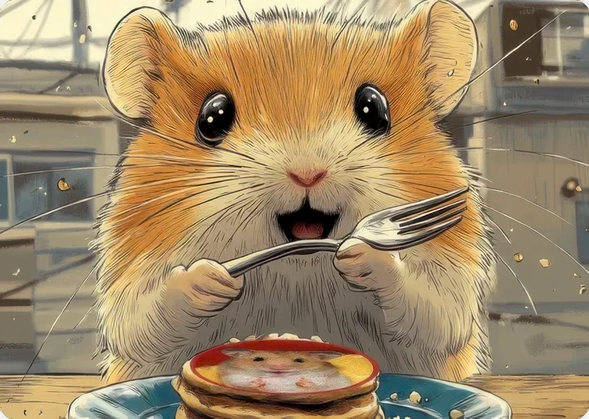 Hamster Champ About Us - The little hamster is holding a fork to eat a pancake.
