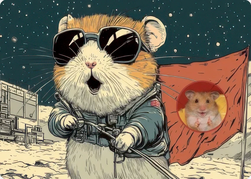 Hamster Champ Our Vision - The little hamster is standing outside, with a flag in the background with the logo on it.